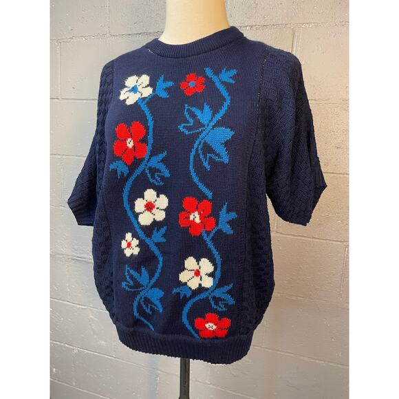 Vintage 1980s Floral Novelty Knit Short Sleeve Sweater Red White Blue Med - Picture 5 of 10